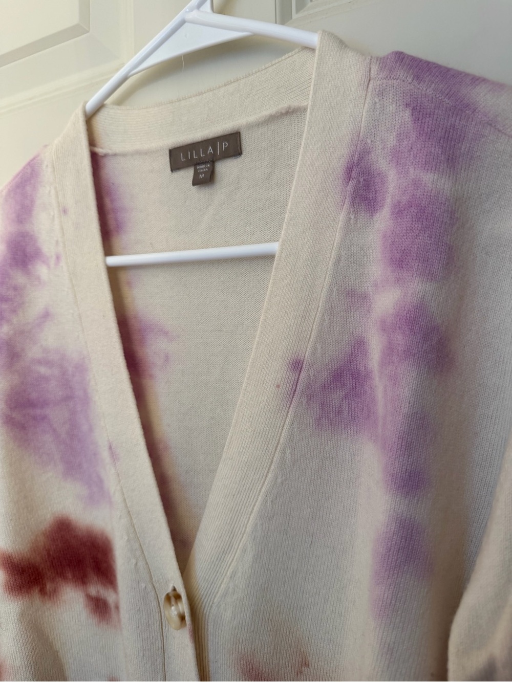 Lilla P Wool Cashmere Tie Dye Cardigan, Ivory/Rust/Purple, Size M - Picture 4 of 12
